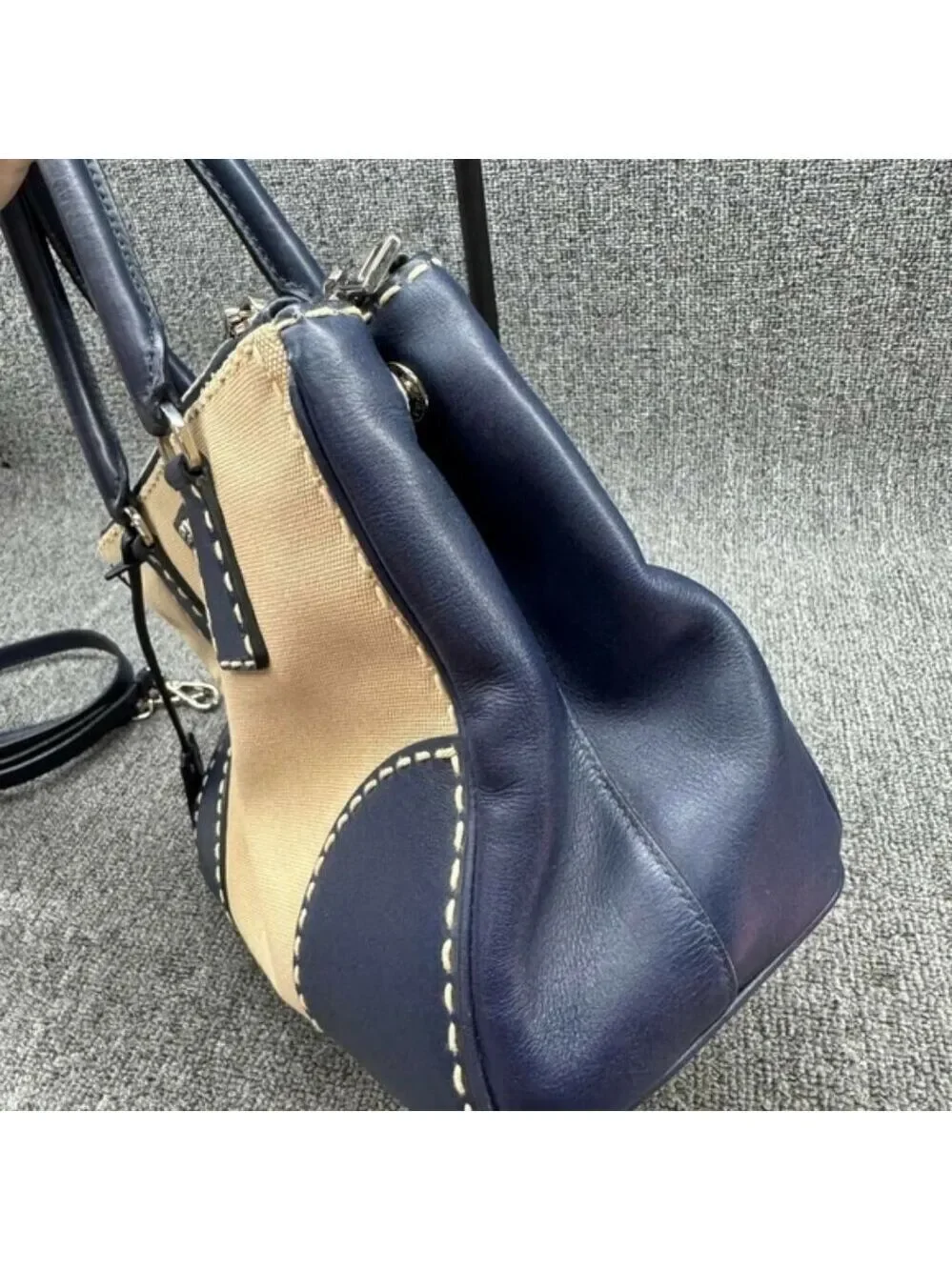 Authentic Prada Two Tone Leather Canvas Tote Satchel Crossbody Bag